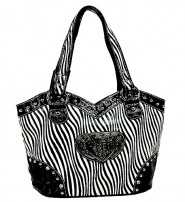 Animal Zebra Print Tote Bags w/ 3-Heart Charm - White - BG-127HZ-WT